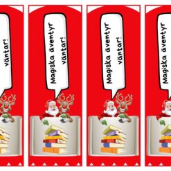 Fyra jultematiska bokmärken med likadonamotiv på en röd bakgrund. Bokmärkena visar en leende jultomte och har texten 