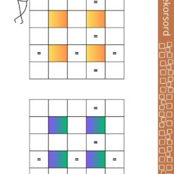 Två matematiska korsord synliga på sidan med endast likhetstecken, tumma rutor för tal och matematiska symboler, samt en utmaning för eleverna att försöka konstruera korsorden själva.