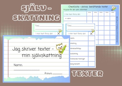 Bild av startsidan för skrivutvecklingsmaterialet med två checklistor och brun bakgrund, fokuserat på självskattning och berättande texter för lågstadieelever på svenska.