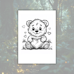 sagotanten enkel målarbild med en teddybjörn som håller i ett hjärta