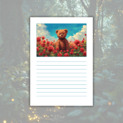 sagotanten skrivbild med en nallebjörn som går genom ett fält av rosor