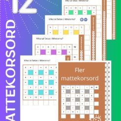 Produktbild med titelsida och exempel på fyra blad med nya matematiska korsord fokuserade på enkla ekvationer, addition och subtraktion.