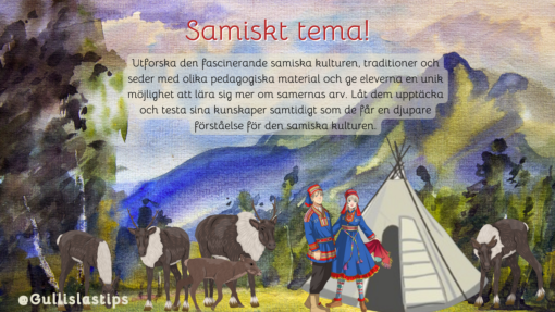Utforska den samiska kulturen och historian genom Gullis lästips butik på Skolmagi! I detta temahäfte finner du: En tipspromenad med 20 frågor som är perfekt för elever från åk 3 och uppåt. Utmana eleverna att testa sina kunskaper och lära sig mer om samiska traditioner och betydelse. Ett samiskt korsord, där eleverna utforskar den spännande samiska kulturen! Korsordet består av 19 olika frågor som täcker olika ämnen inom samisk kultur. För de yngre eleverna och uppåt finns även ett häfte med 40 samiska färgläggningsbilder som passar från åk 1 och uppåt. Dessa bilder ger eleverna möjlighet att utforska samisk kultur och lära sig om olika aspekter av samiskt liv och traditioner. De tre olika materialen går även att ladda ner var och en för sig. I den svenska läroplanen för grundskolan, förskoleklassens och fritidshemmens verksamhet är ett av målen att varje elev efter genomgången grundskola ska ha fått: “Kunskaper om de nationella minoriteternas (judar, romer, urfolket samerna, sverigefinnar och tornedalingar) kultur, språk, religion och historia” Lgr11, avsnitt 2.2