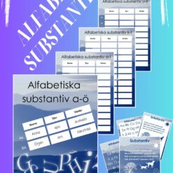 Bild av Alfabetiska substantiv produktsidan med exempel på spelplan och grafiska alfabetaffischer.