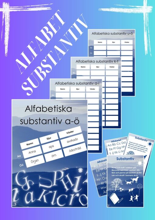 Bild av Alfabetiska substantiv produktsidan med exempel på spelplan och grafiska alfabetaffischer.