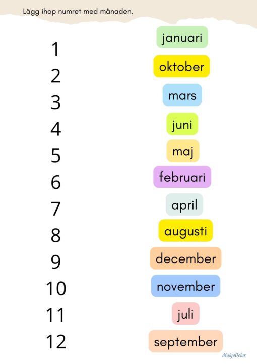 Bild av övningssida för att träna månadernas nummer. Stora tal från ett till tolv och rutor med månadernas namn i blandad ordning.