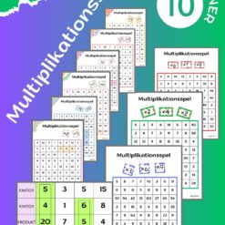En bild visar en samling av tio spelplaner för Multiplikationsspel. En förklarande bild visas också, illustrerar hur spelet spelas.